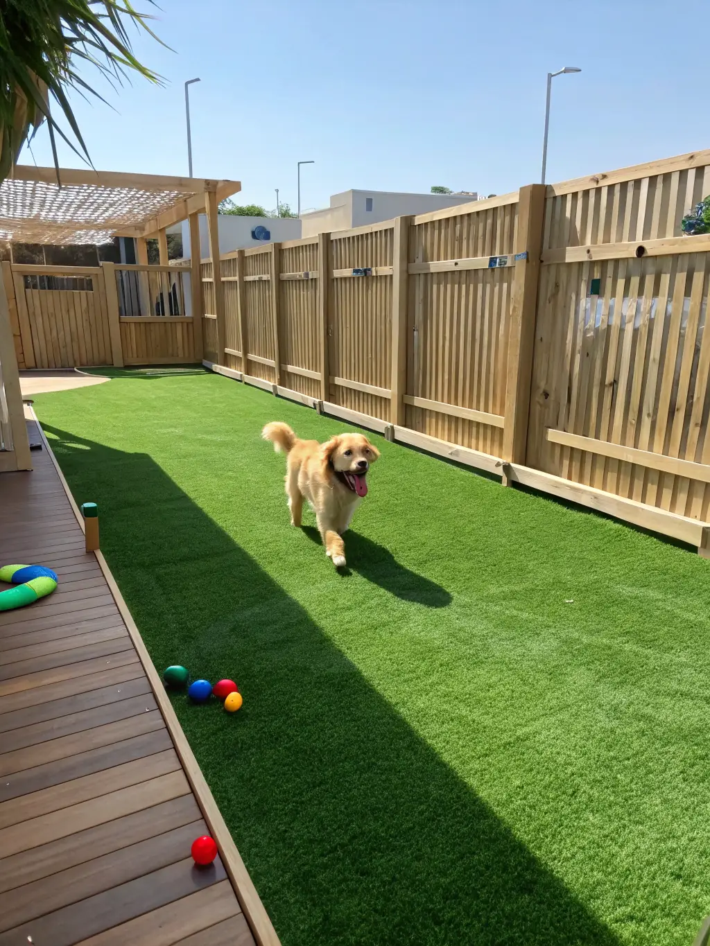 A heartwarming photo of a happy dog playing in the fenced yard at Someday Stays, with the house visible in the background, emphasizing the pet-friendly nature of the property.
