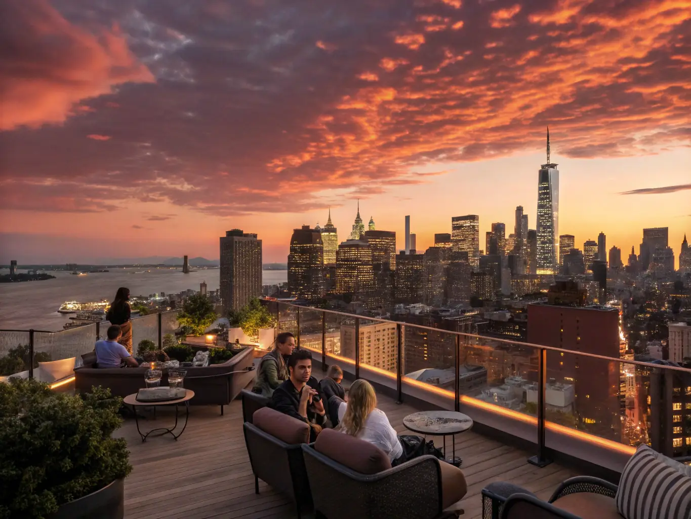 A stunning rooftop deck with comfortable seating, string lights, and panoramic views of the Indianapolis skyline at sunset, emphasizing the relaxation and entertainment possibilities at Someday Stays.