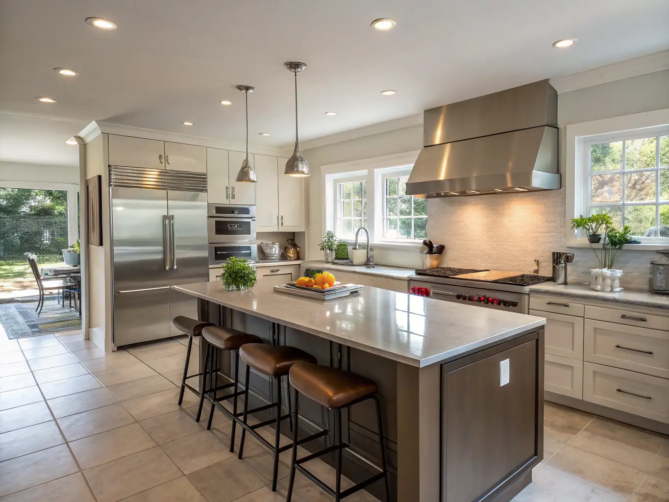 A bright, modern gourmet kitchen with stainless steel appliances, granite countertops, and a large island, showcasing its functionality and style for cooking and entertaining at Someday Stays.