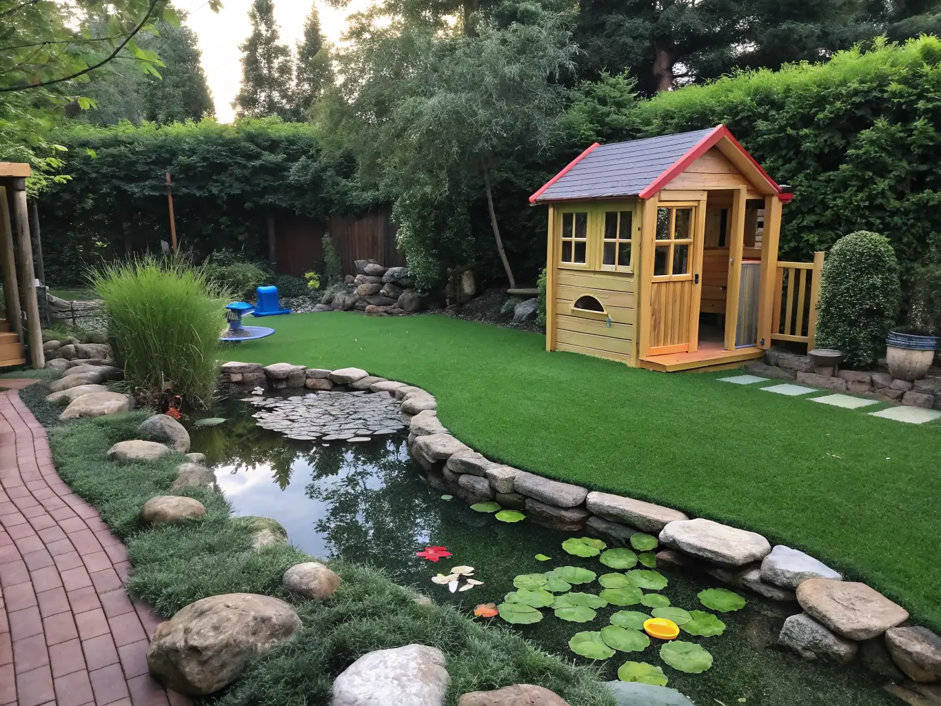 A well-maintained, securely fenced backyard with green grass, a patio area, and a dog-friendly atmosphere, highlighting the pet-friendly aspect of Someday Stays.