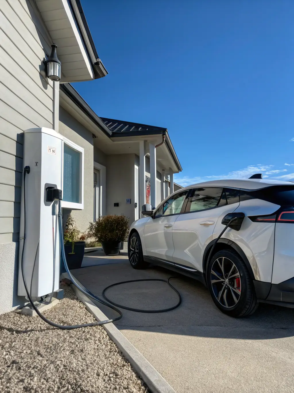 A clear, well-lit photograph of Someday Stays' 48-amp EV charger, installed in a convenient location, with an electric vehicle plugged in, emphasizing the property's commitment to sustainability and convenience for EV owners.