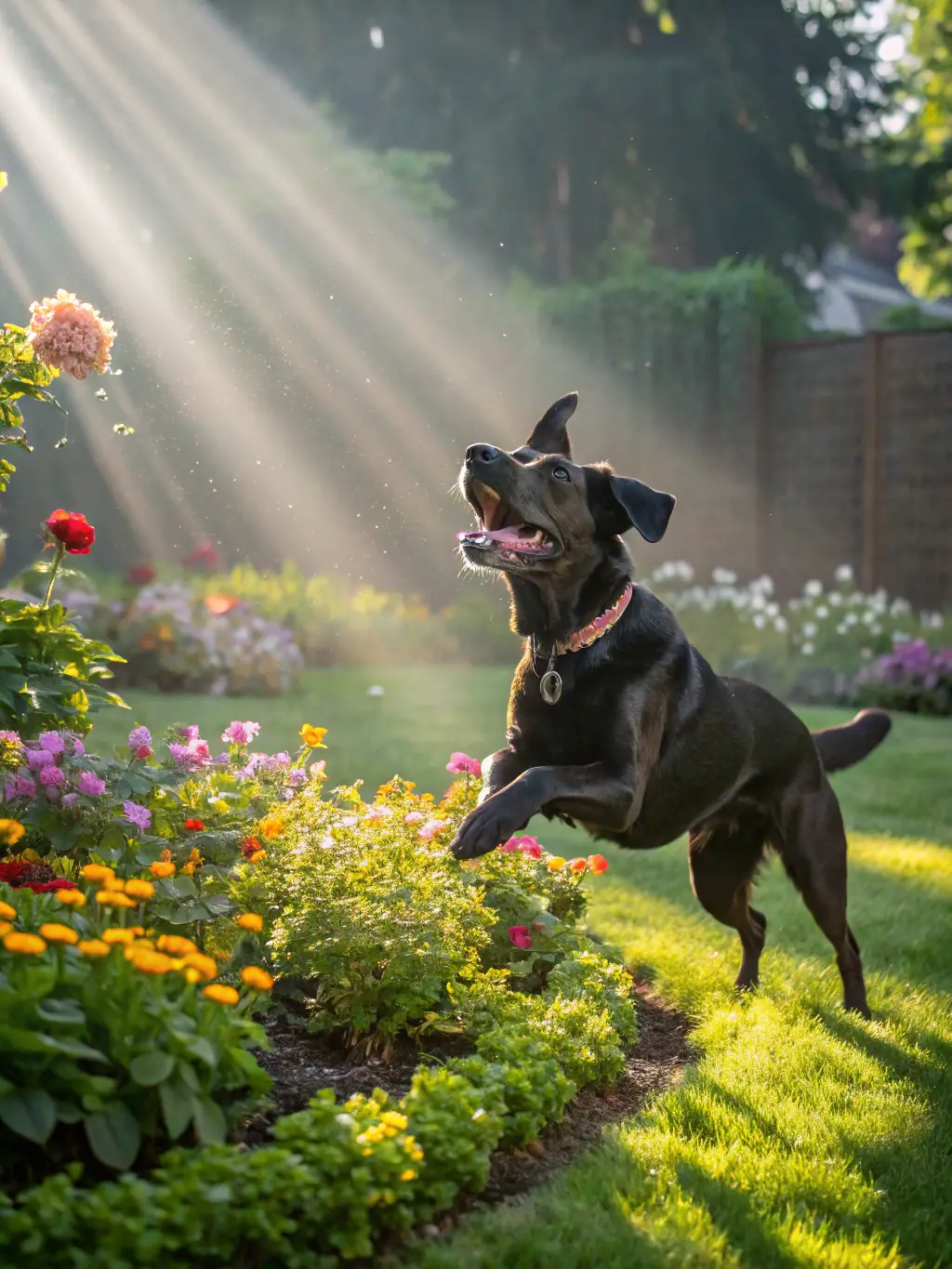 A charming photograph of Someday Stays' fenced yard, showing a well-maintained lawn, comfortable outdoor furniture, and a happy dog playing, highlighting its pet-friendly appeal and secure outdoor space.
