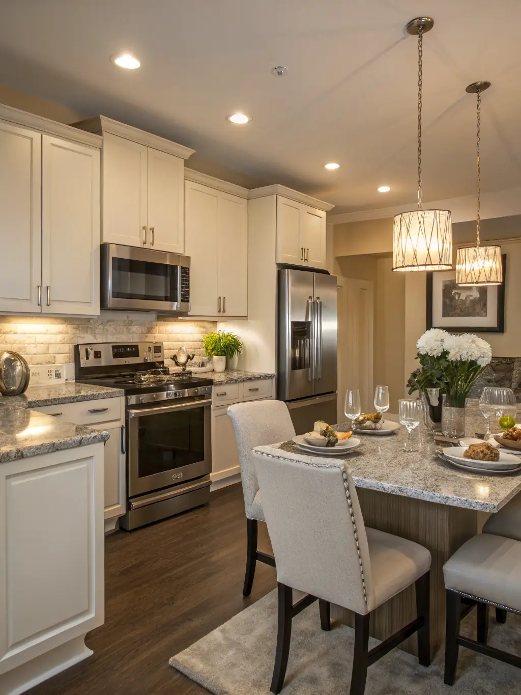 A bright, inviting photograph showcasing Someday Stays' gourmet kitchen, featuring stainless steel appliances, granite countertops, and a large island, emphasizing its modern and well-equipped nature for guests who enjoy cooking.