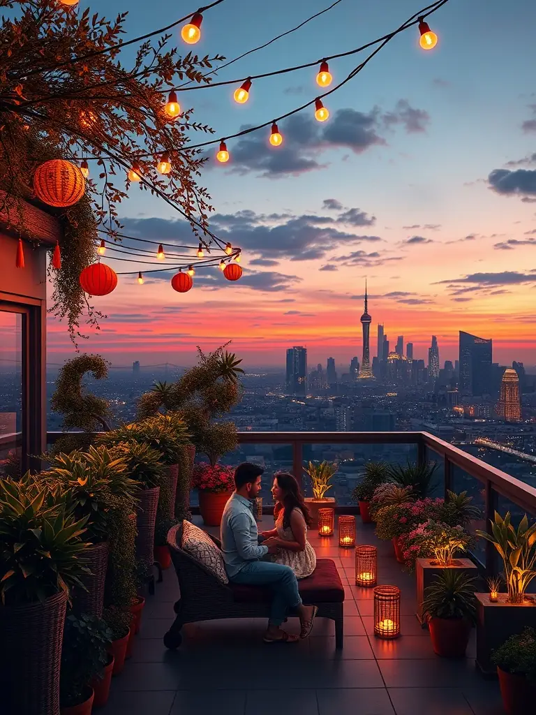 A vibrant image of the rooftop deck at Someday Stays, featuring comfortable seating, string lights, and a panoramic view of the Indianapolis skyline at sunset, highlighting the relaxation and entertainment possibilities.