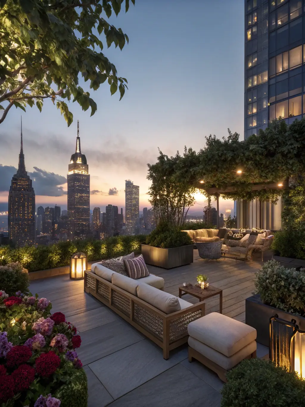 A stunning photograph of Someday Stays' rooftop deck at sunset, showing comfortable seating, string lights, and a panoramic view of the Indianapolis skyline, highlighting its appeal for relaxation and entertainment.