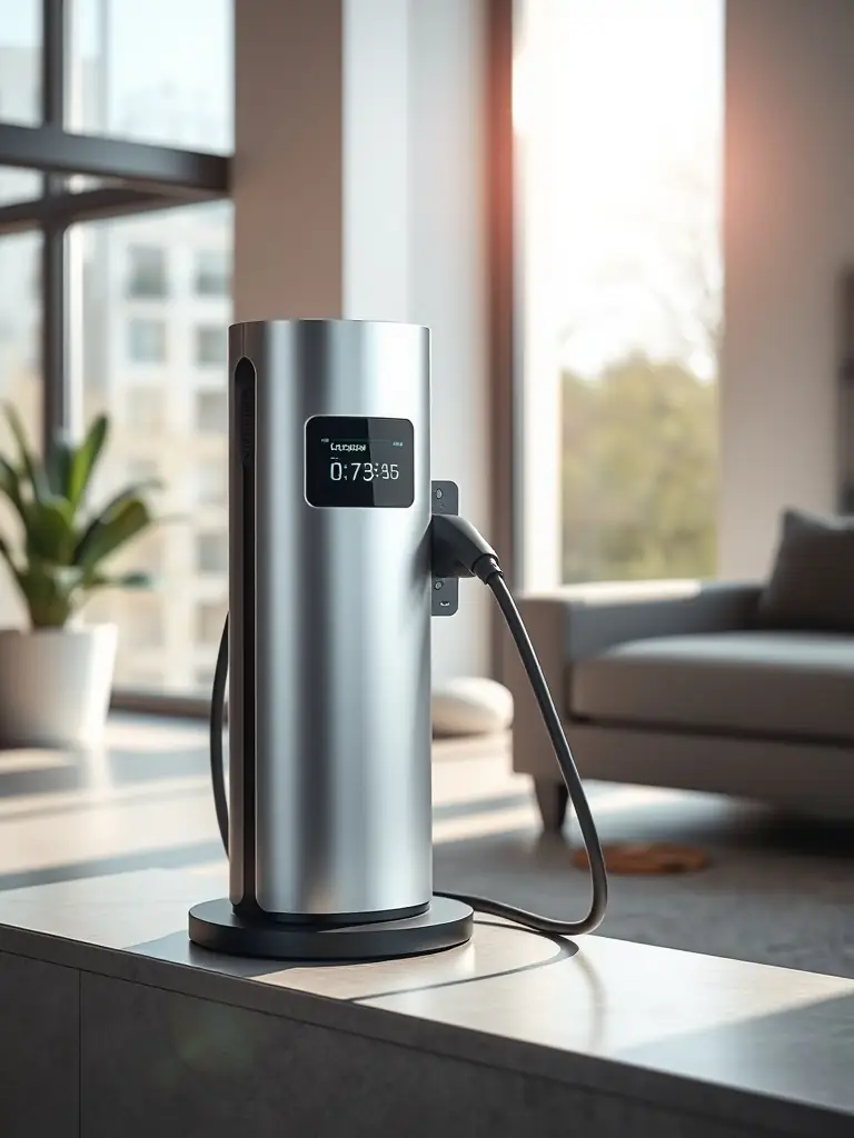 A close-up shot of the 48-amp EV charger installed at Someday Stays, with an electric vehicle plugged in and charging, highlighting the convenience for eco-conscious travelers.